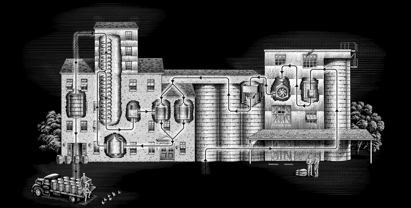 Black and white illustration of the distillation process